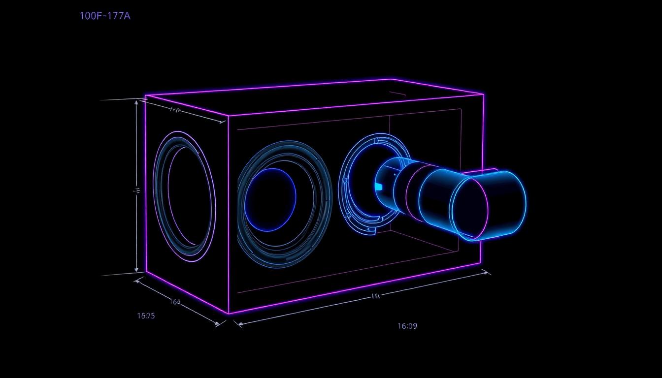Desenho técnico 3D de caixa dutada para subwoofer